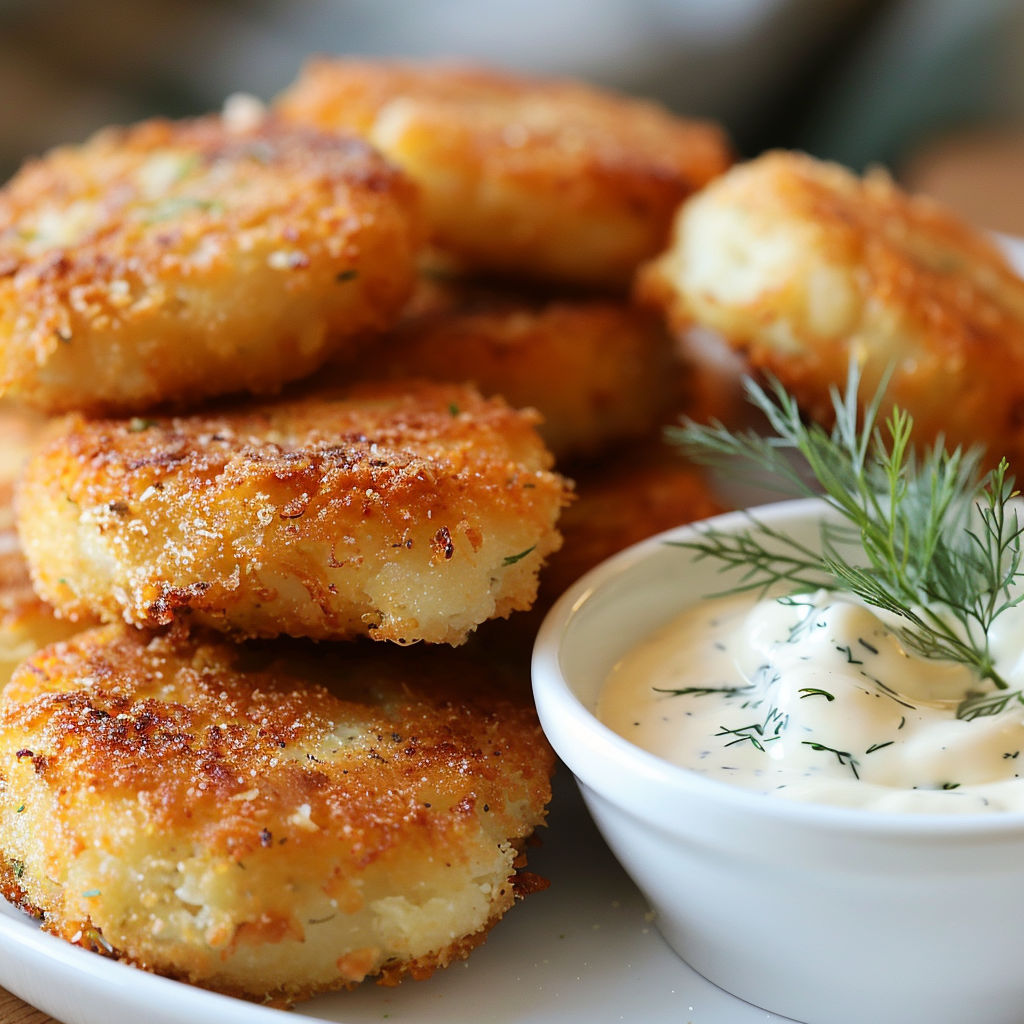 Galettes de poisson dorées et empilées, servies avec une sauce et de l’herbe fraîche.