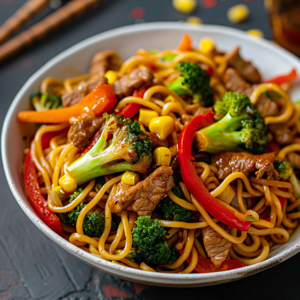 Plat de nouilles grillées avec brocoli croquant, poivrons colorés et morceaux de viande juteuse, le tout relevé par du gingembre caramélisé.