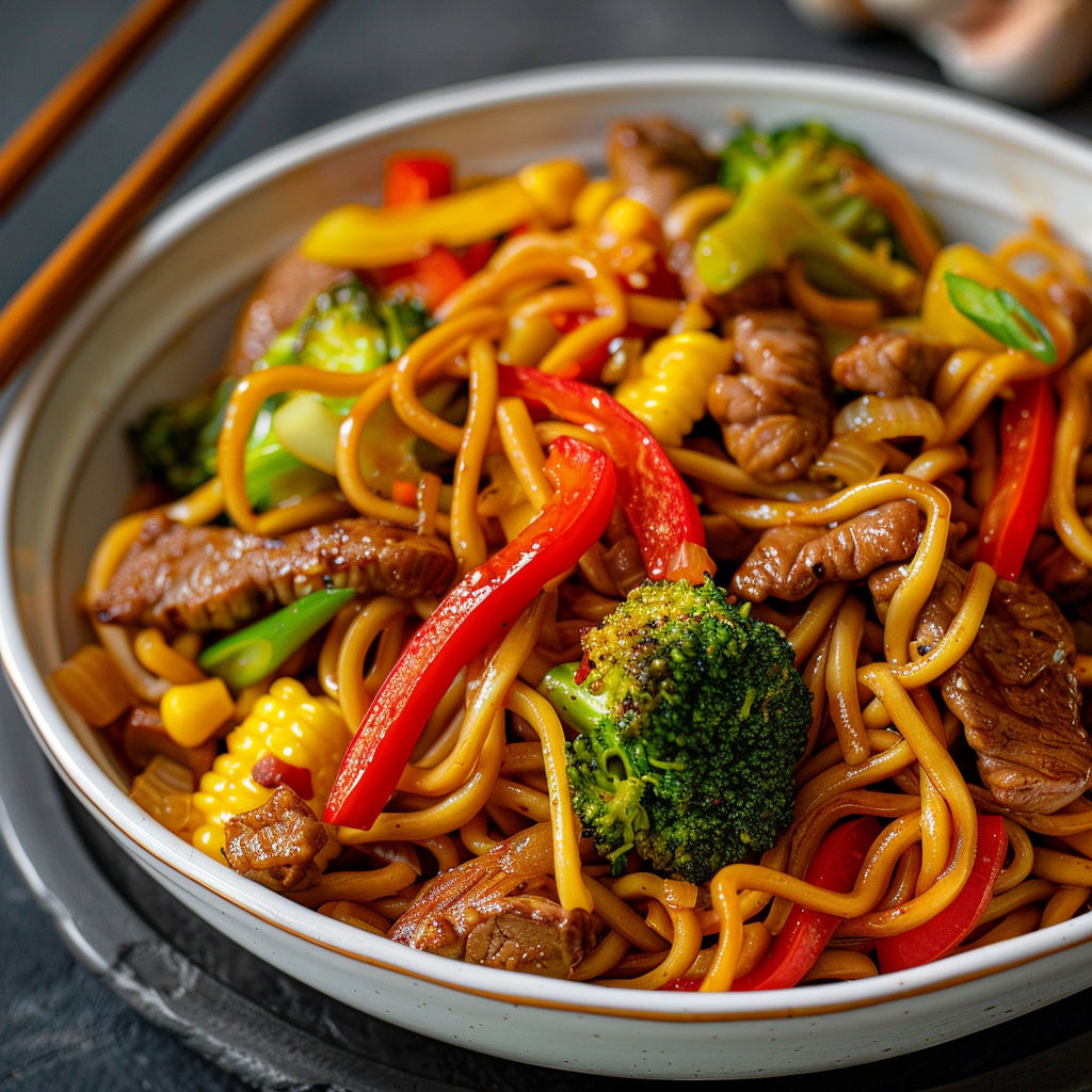 Un plat de nouilles colorées avec légumes et viande.