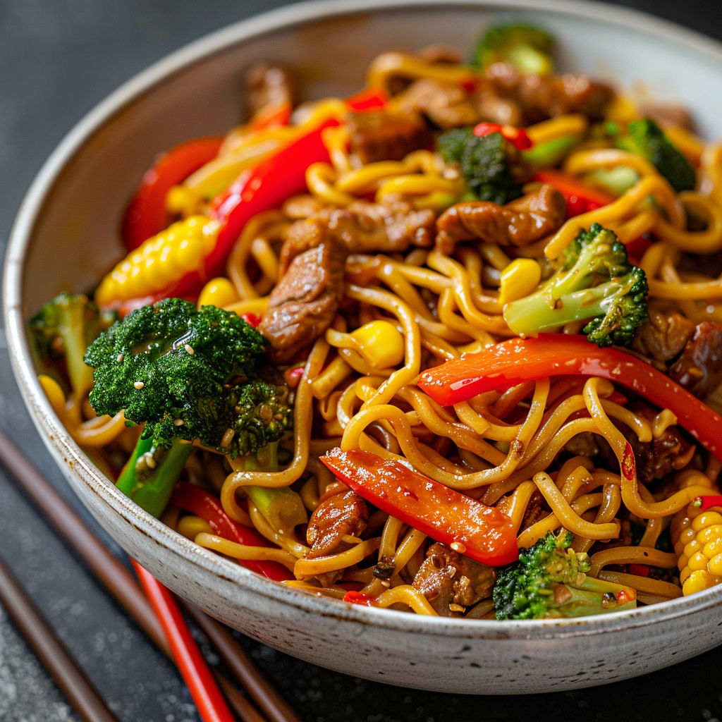 Un bol de nouilles sautées colorées et viande, servi avec des baguettes.
