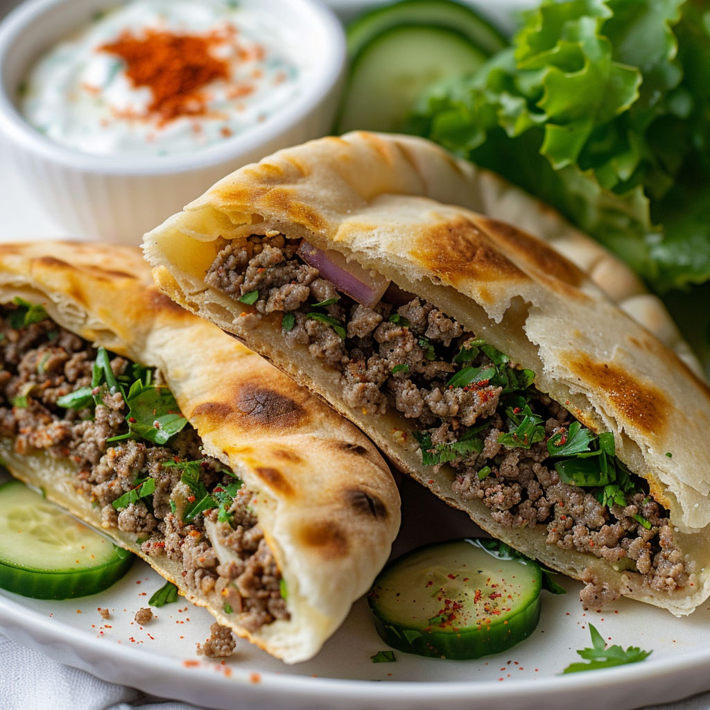 Un pain pita croustillant rempli de bœuf haché avec une salade croquante à côté.