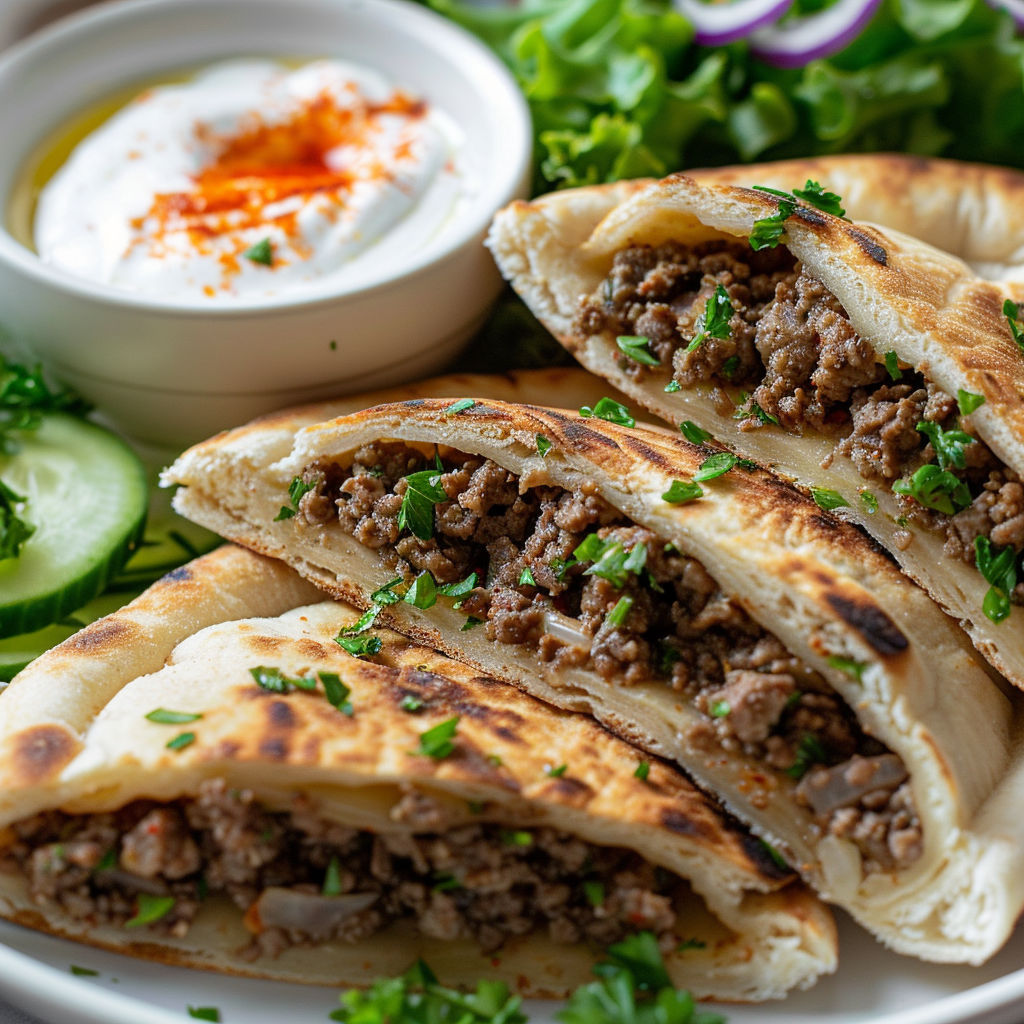 Une pâte à pain maison servie avec salade verte et sauce fraîche.