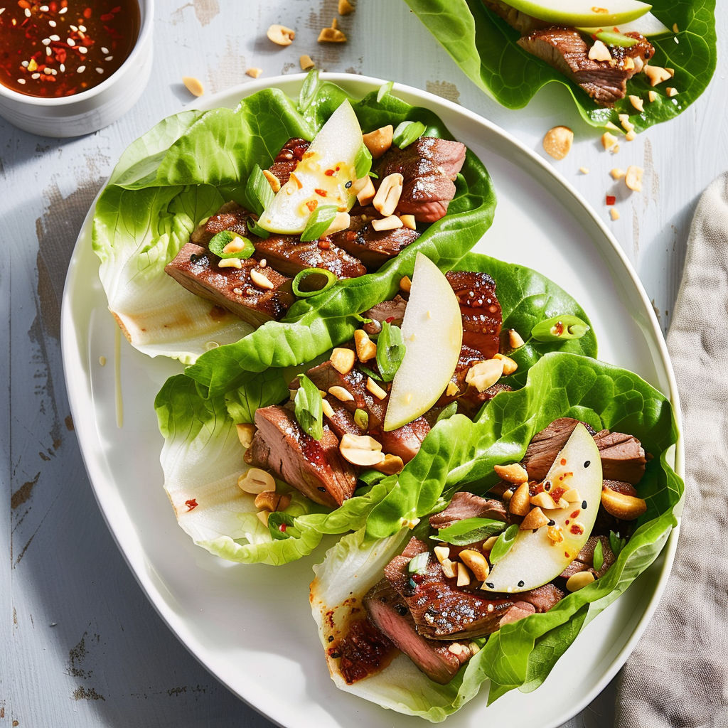 Bœuf tendre agrémenté de lamelles de poires et parsemé de noisettes croquantes, le tout accompagné d’une sauce au soja.