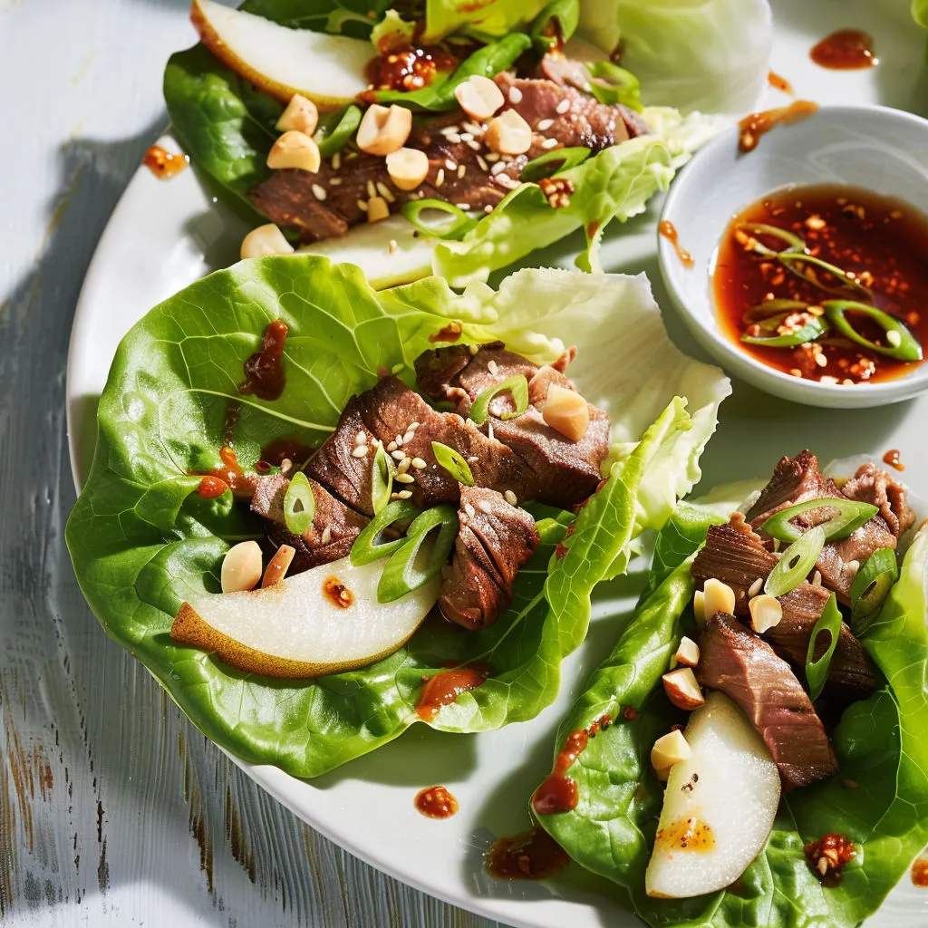 Assiette de wraps au bœuf, poire et laitue Boston avec sauce à côté.
