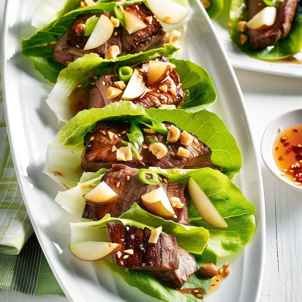 Wraps au bœuf, poire et laitue Boston bien frais sur une assiette.