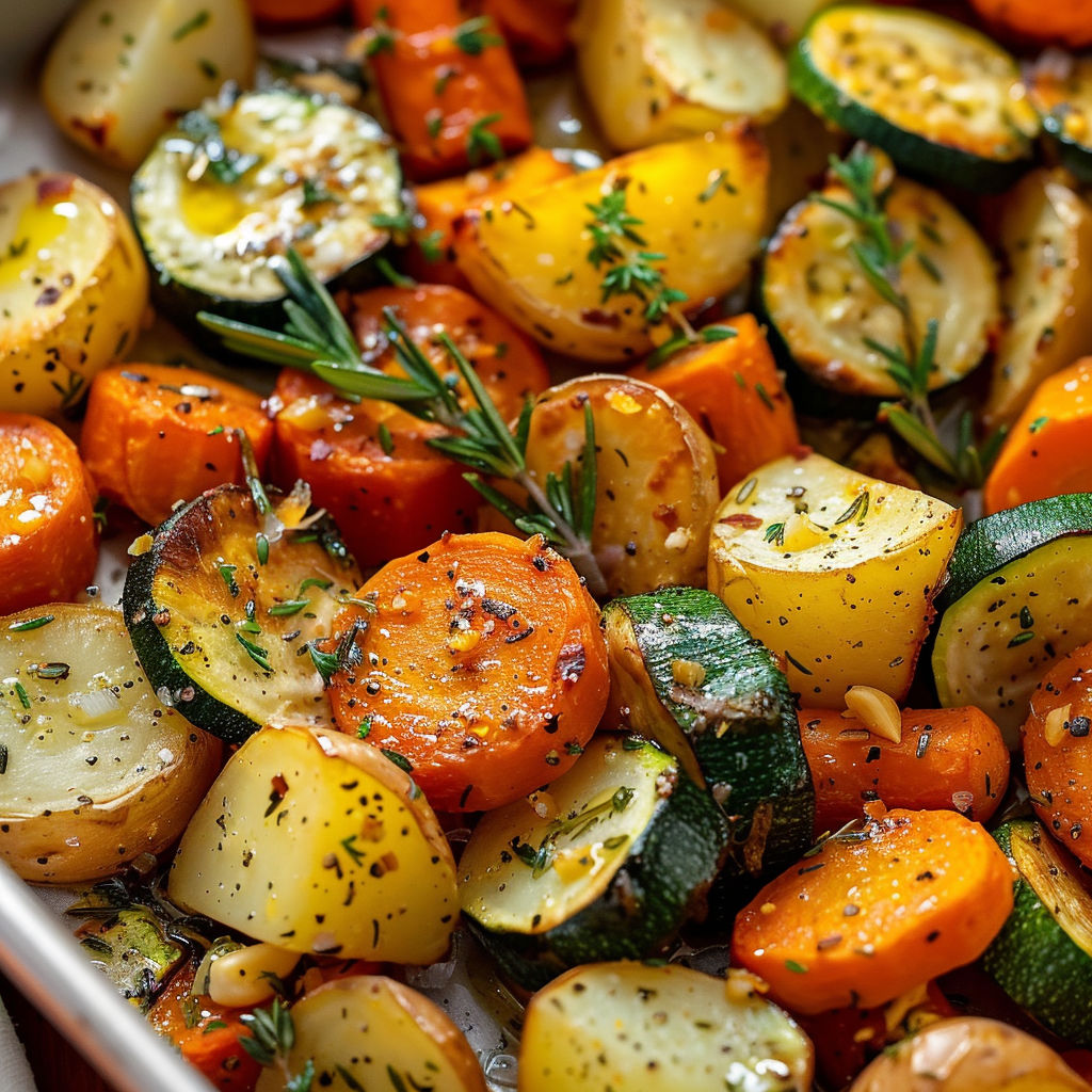 Un mélange de légumes cuits au four avec de l'ail et des herbes méditerranéennes.