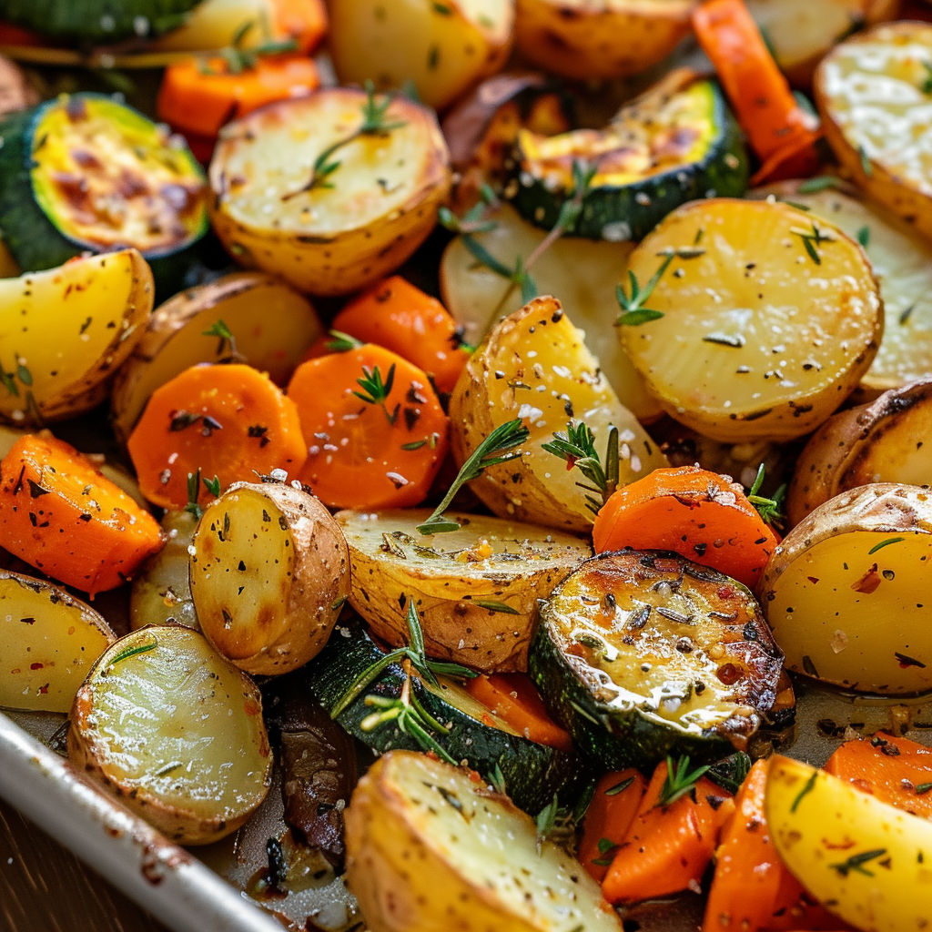 Un plateau de légumes rôtis aux herbes, avec carottes, courgettes et aubergines.