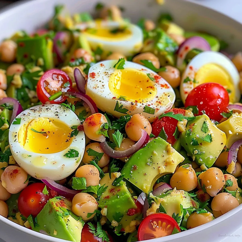 Salade colorée avec des graines, œufs, avocat, tomate, poivrons et haricots verts.