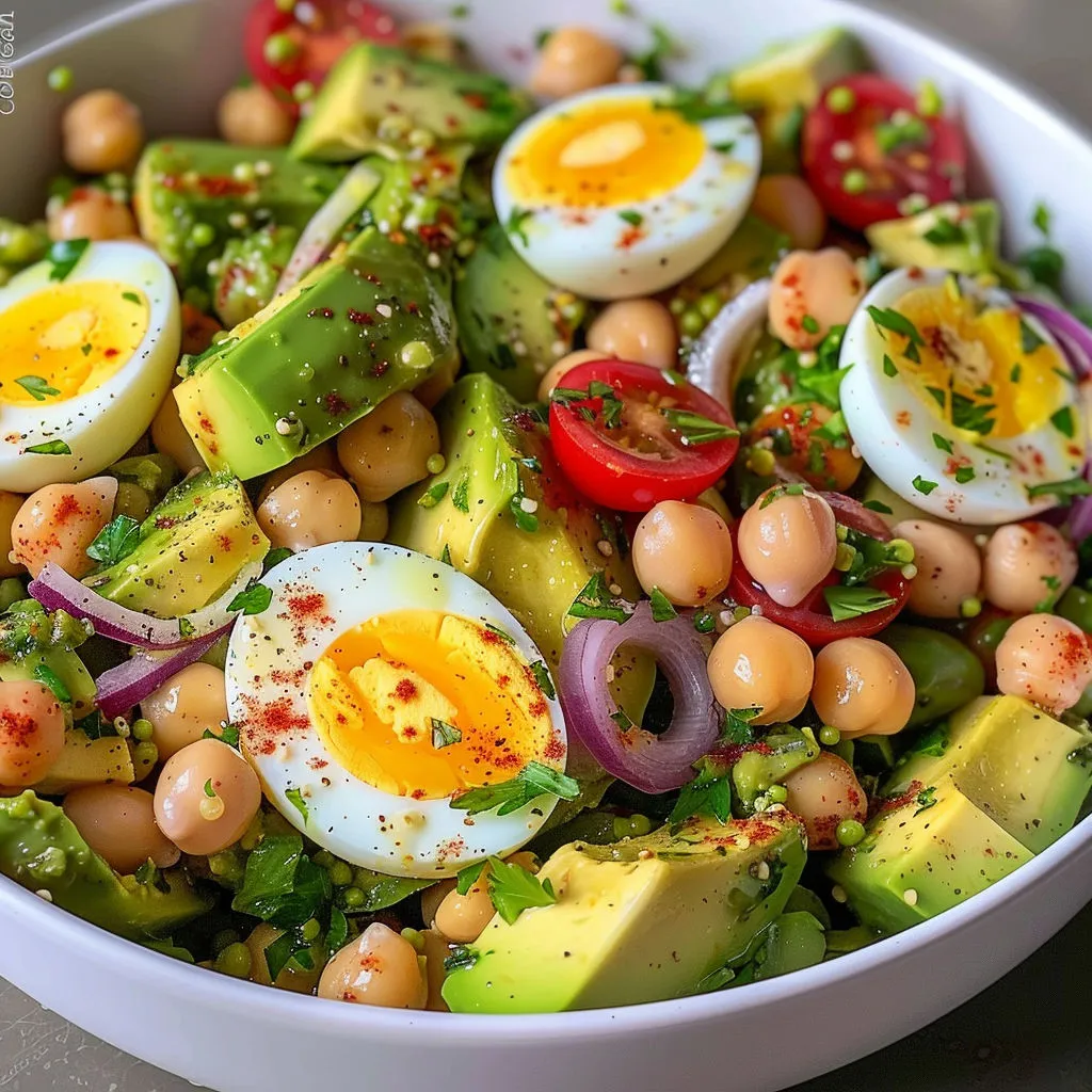 Salade poulet avocat avec œufs et tomates bien colorés.