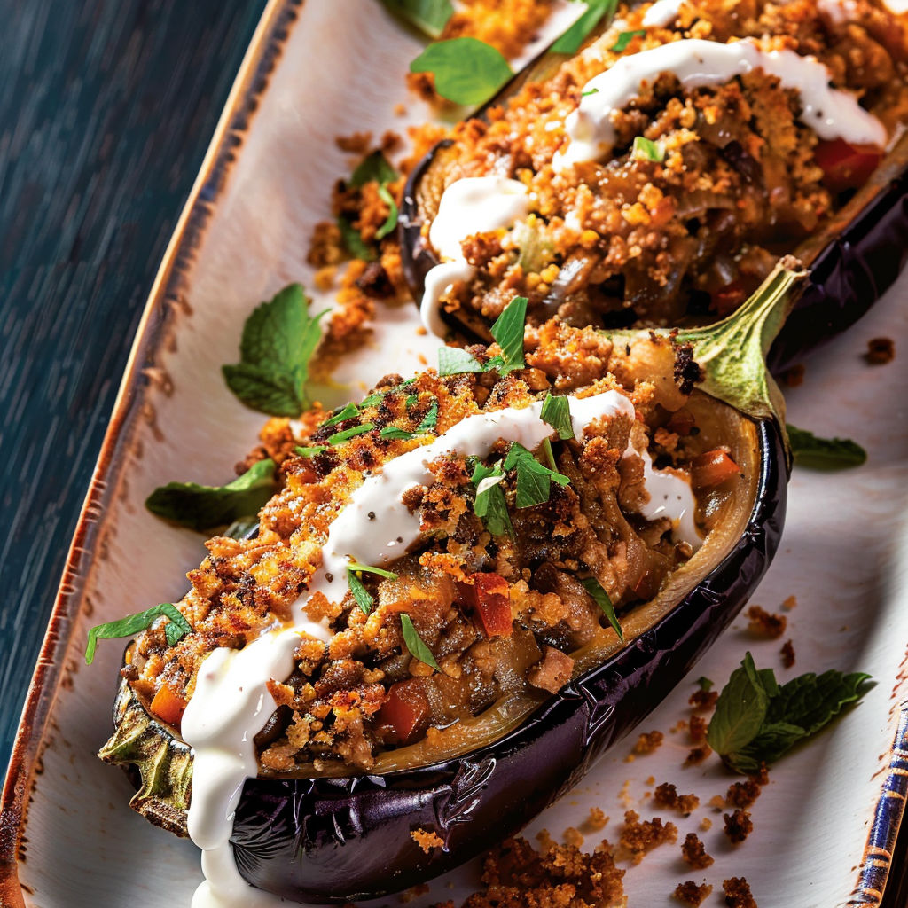 Une portion d’aubergine gratinée avec des notes méditerranéennes et assortie de légumes frais.
