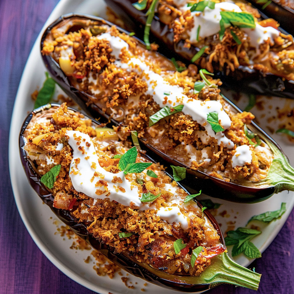 Un plat d’aubergines farcies façon moussaka, décoré de vert.