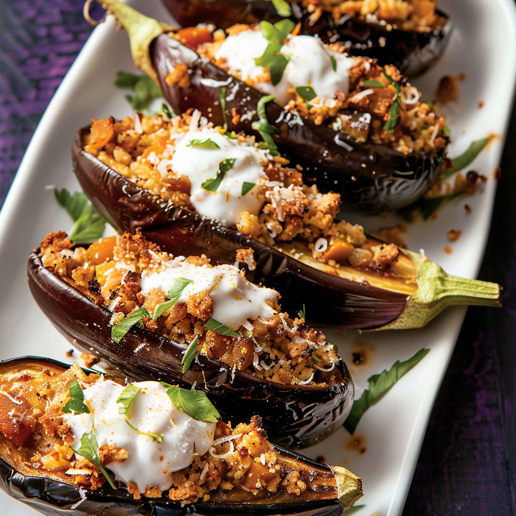 Plat de moussaka revisitée : aubergines grillées, viande parfumée, chapelure dorée.