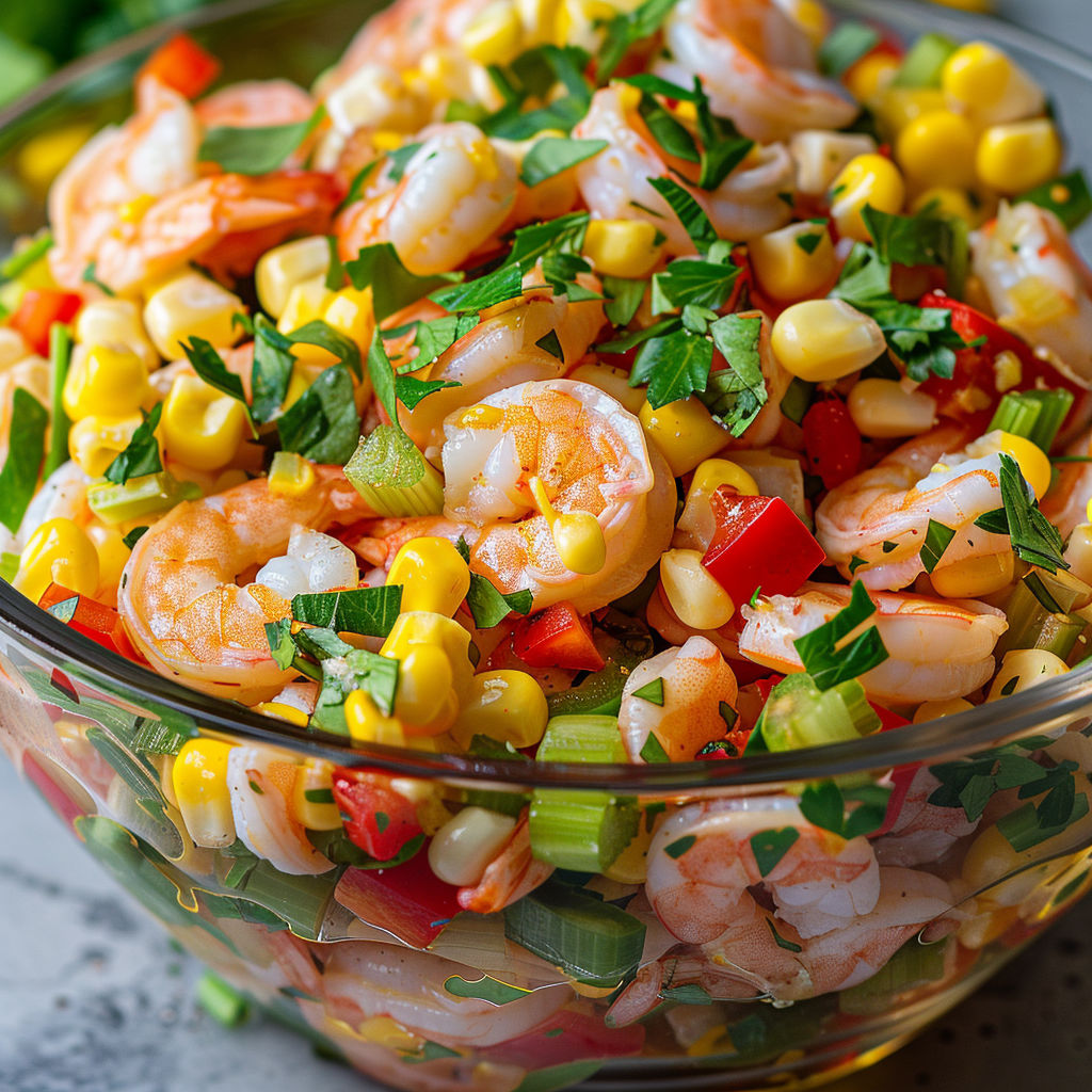 Bol de salade aux crevettes nordiques et maïs croquant.