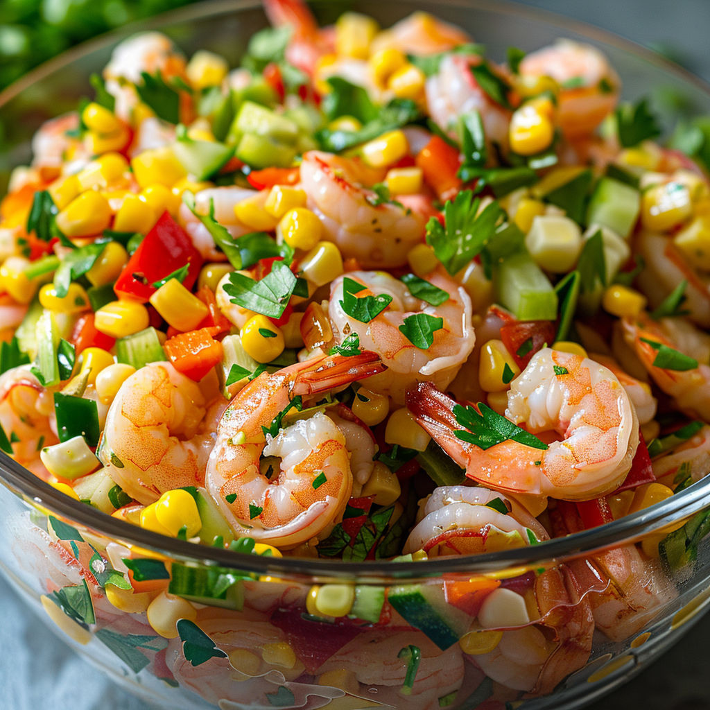 Salade crevettes et maïs dans un bol.