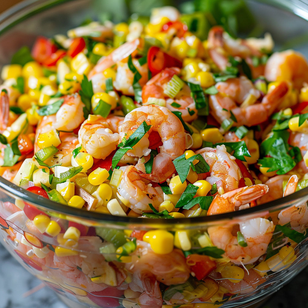 Salade crevettes et maïs dans un bol.