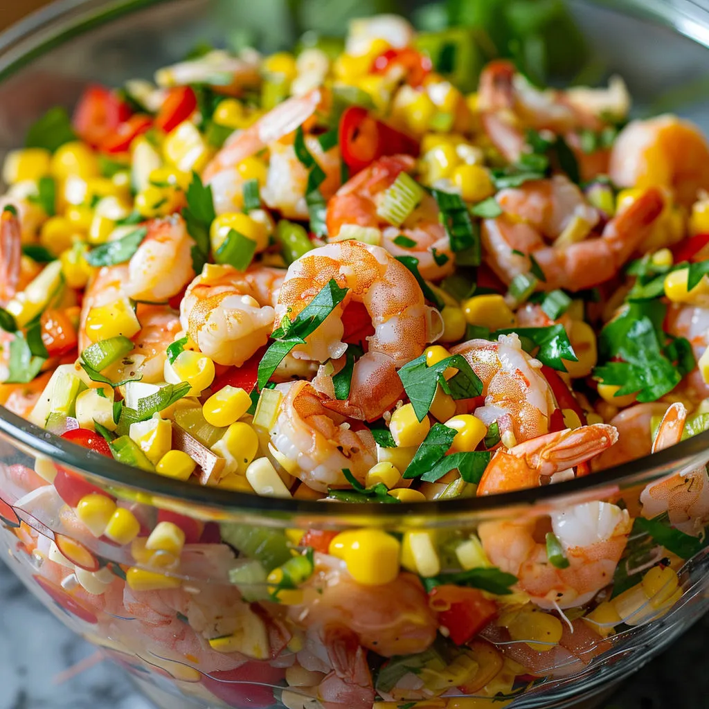 Salade crevettes et maïs dans un bol.