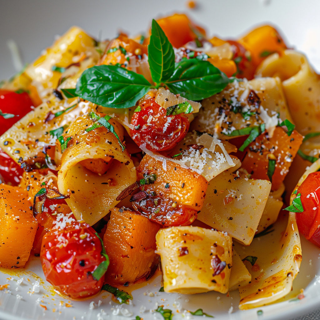 Un plat de pâtes avec courge et tomates rôties, garni de basilic frais et de parmesan.