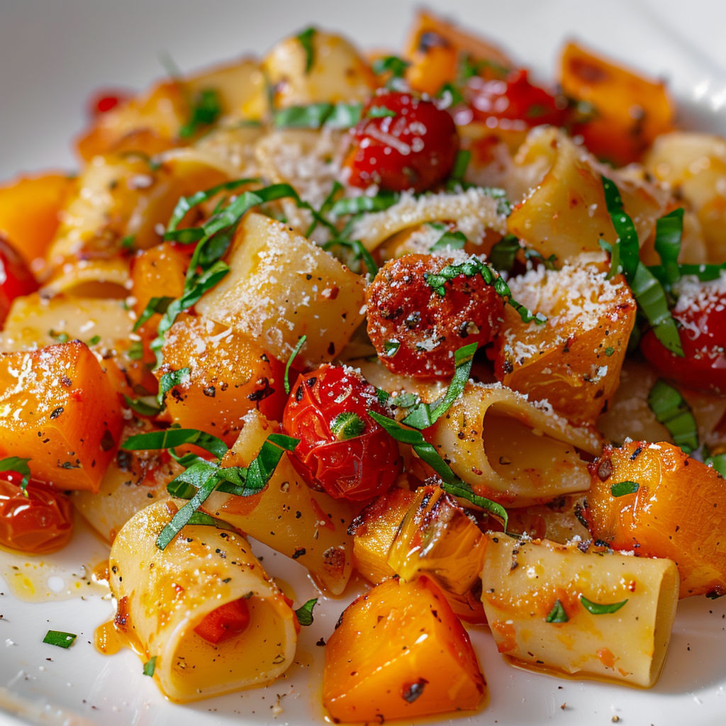 Pappardelles crémeuses avec tomates rôties, pousses d’épinards, basilic et copeaux de parmesan.