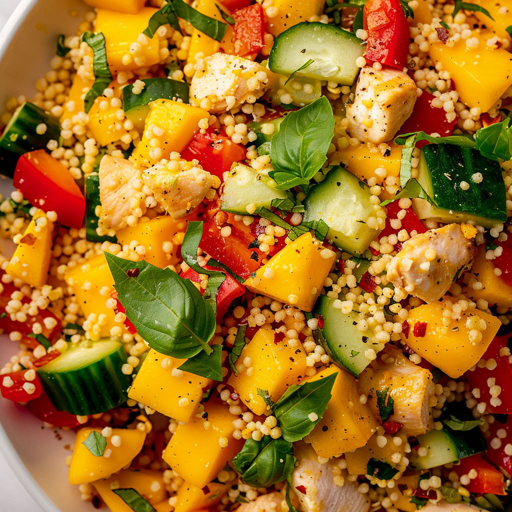 Couscous, poulet bien tendre et mangue avec légumes croquants et basilic frais.