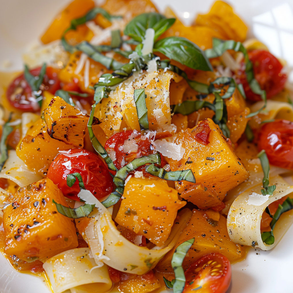 Assiette gourmande de Pappardelles d’automne, tomates confites, courge butternut et copeaux de parmesan frais.