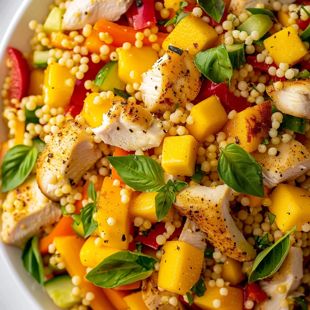 Salade sucrée de poulet, mangue, couscous et basilic.