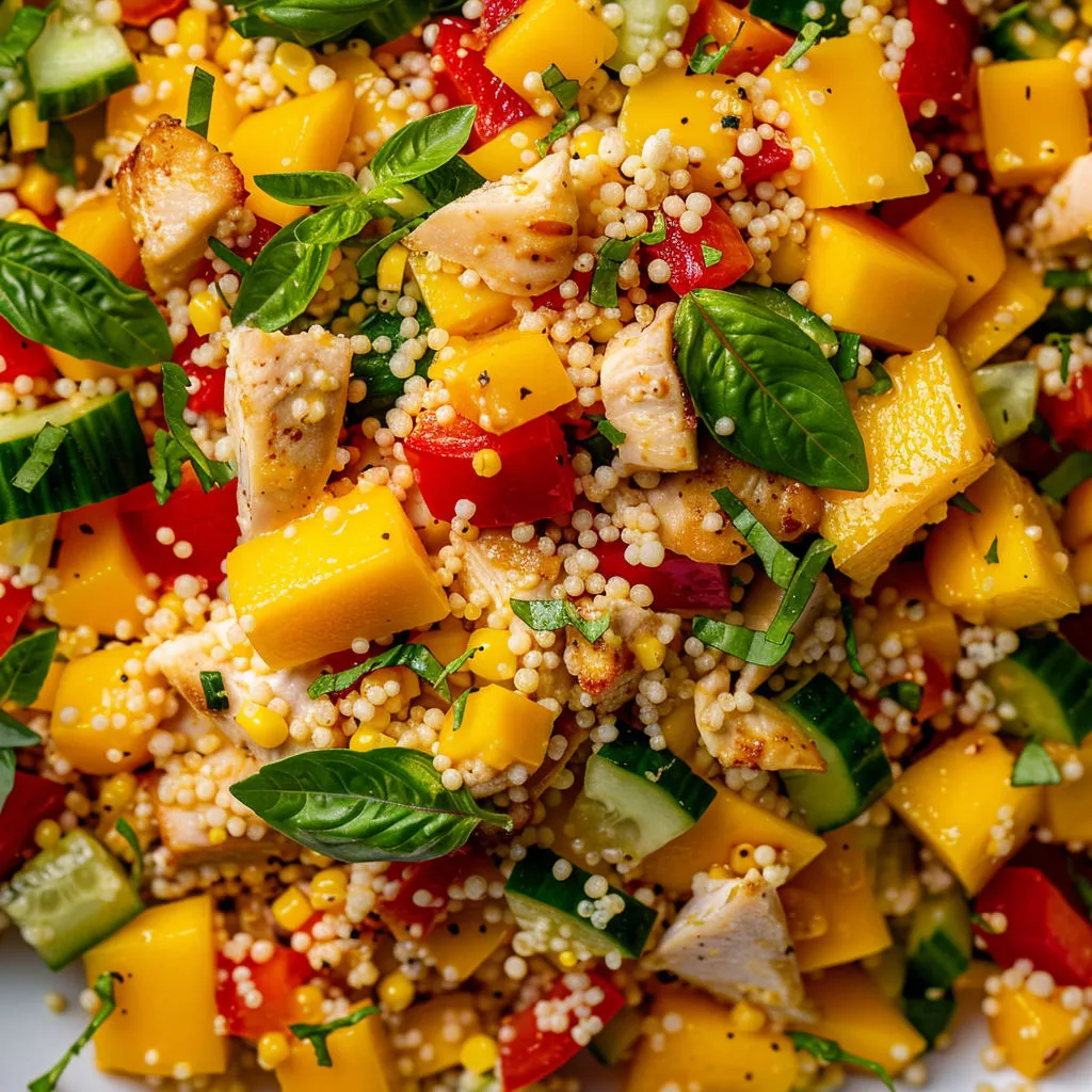 Salade de poulet, mangue et légumes tout croquants, sur un joli plateau.