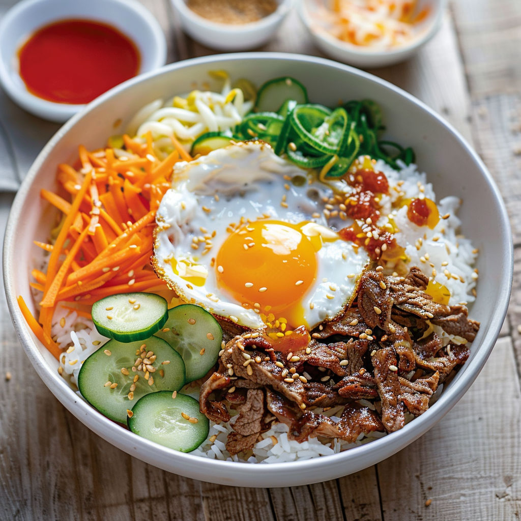 Bol de Bibimbap au riz, bœuf sauté, œuf coulant et légumes croquants.