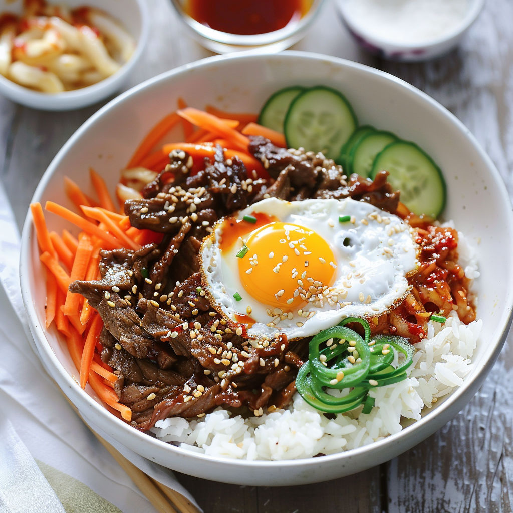 Un bol coréen hyper coloré avec riz, bœuf tendre, légumes variés et œuf parfait.