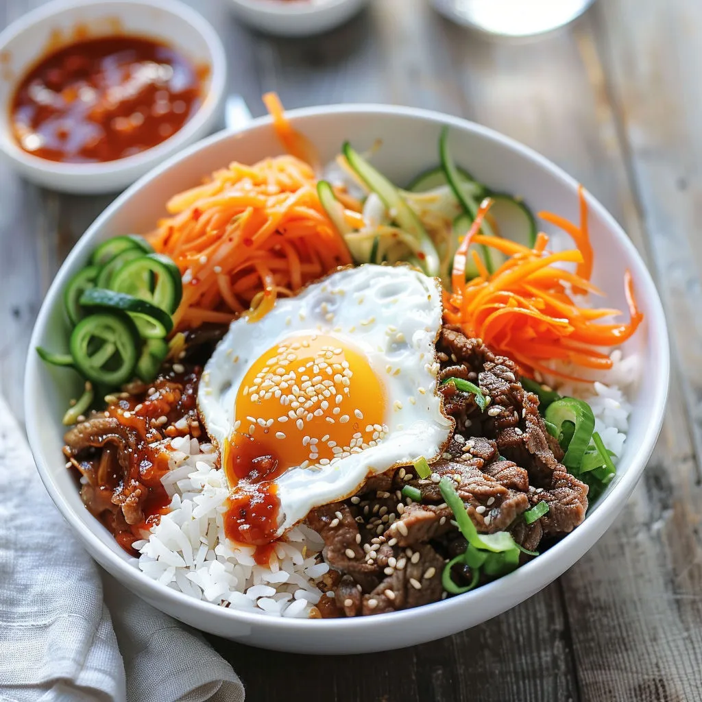 Un bibimbap traditionnel avec du riz, du bœuf bien épicé et des légumes frais.