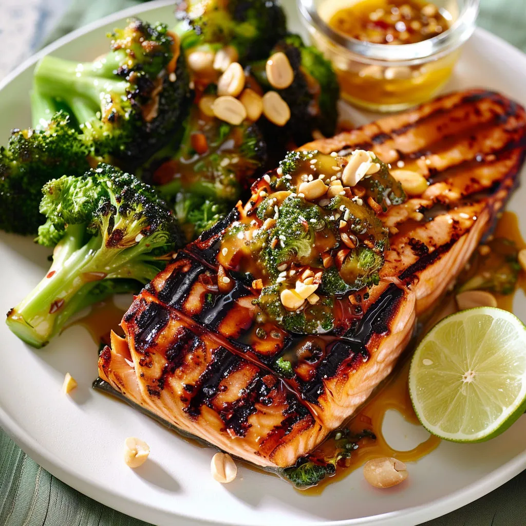 Filet de saumon grillé avec des légumes verts et cacahuètes.