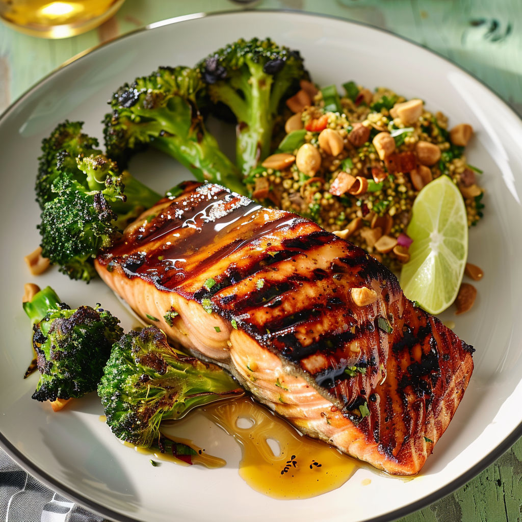 Saumon grillé avec légumes verts et graines de cumin.