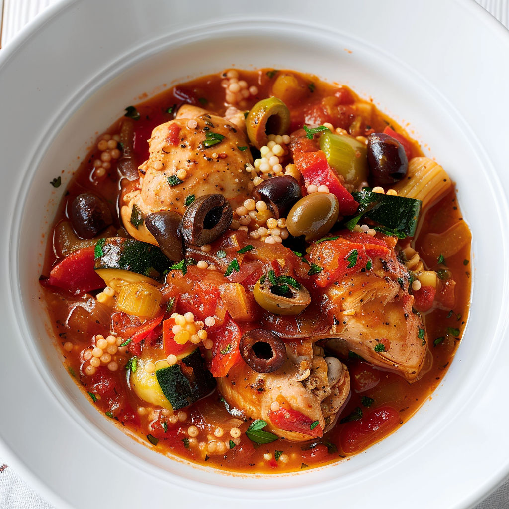 Un bol blanc rempli de poulet mijoté avec olives et légumes colorés.