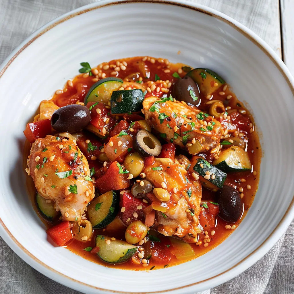 Poulet tendre mijoté avec olives, légumes et petites pâtes fondantes.