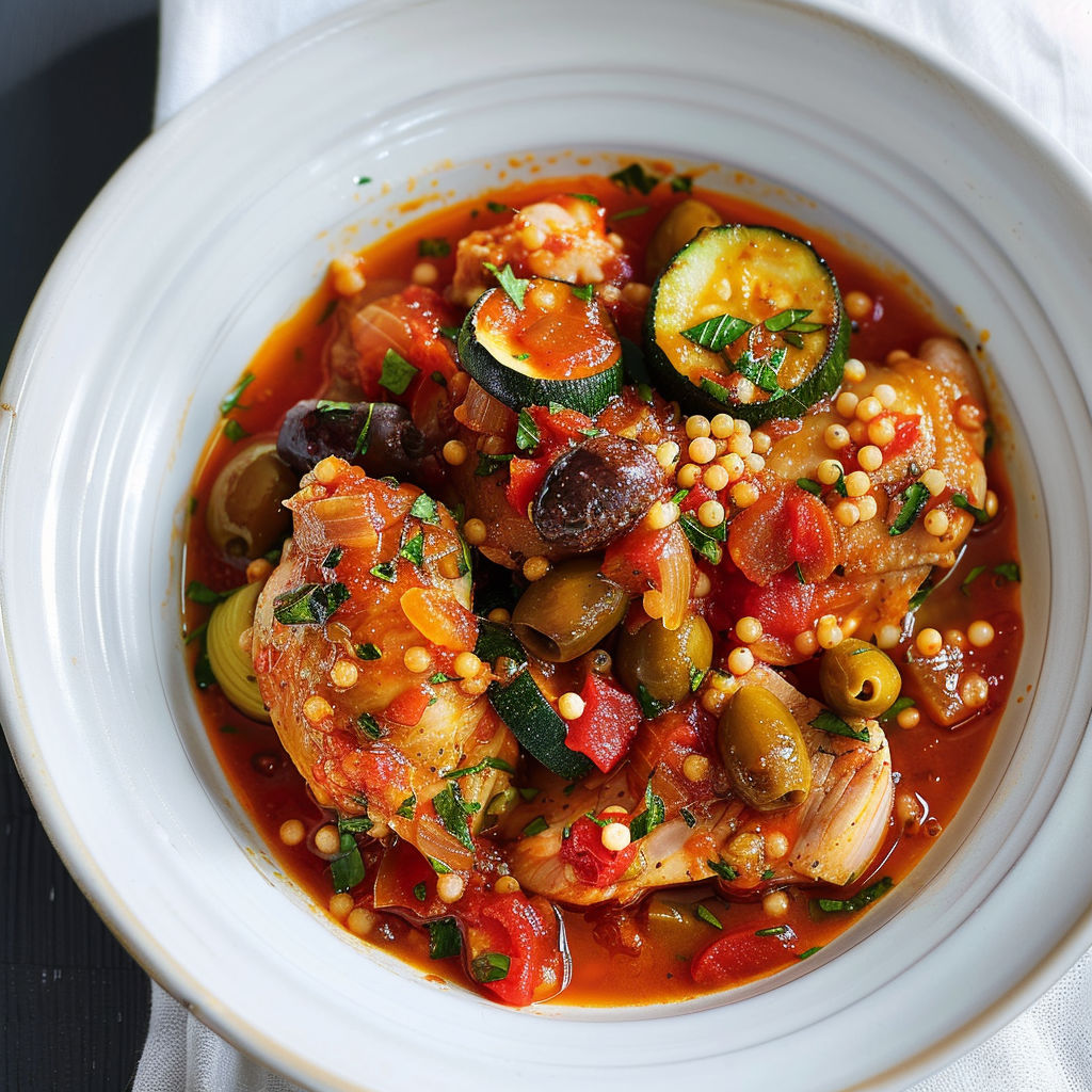 Mijoté de poulet aux légumes, olives et courgettes, dans une belle sauce rouge.