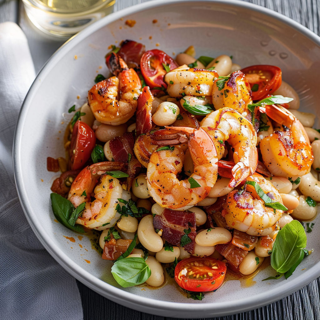 Un bol garni de haricots blancs, crevettes grillées et pancetta.