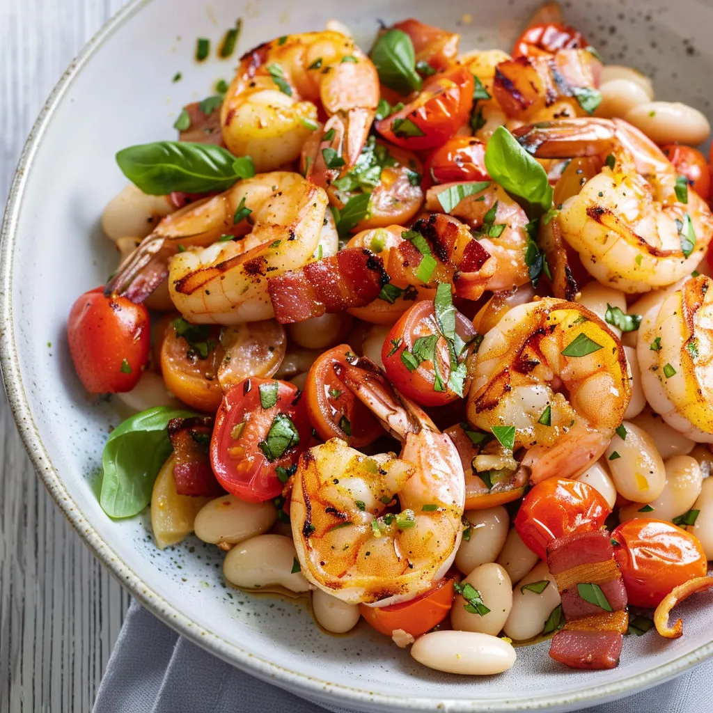 Une belle salade de crevettes et tomates, parsemée d’herbes fraîches.