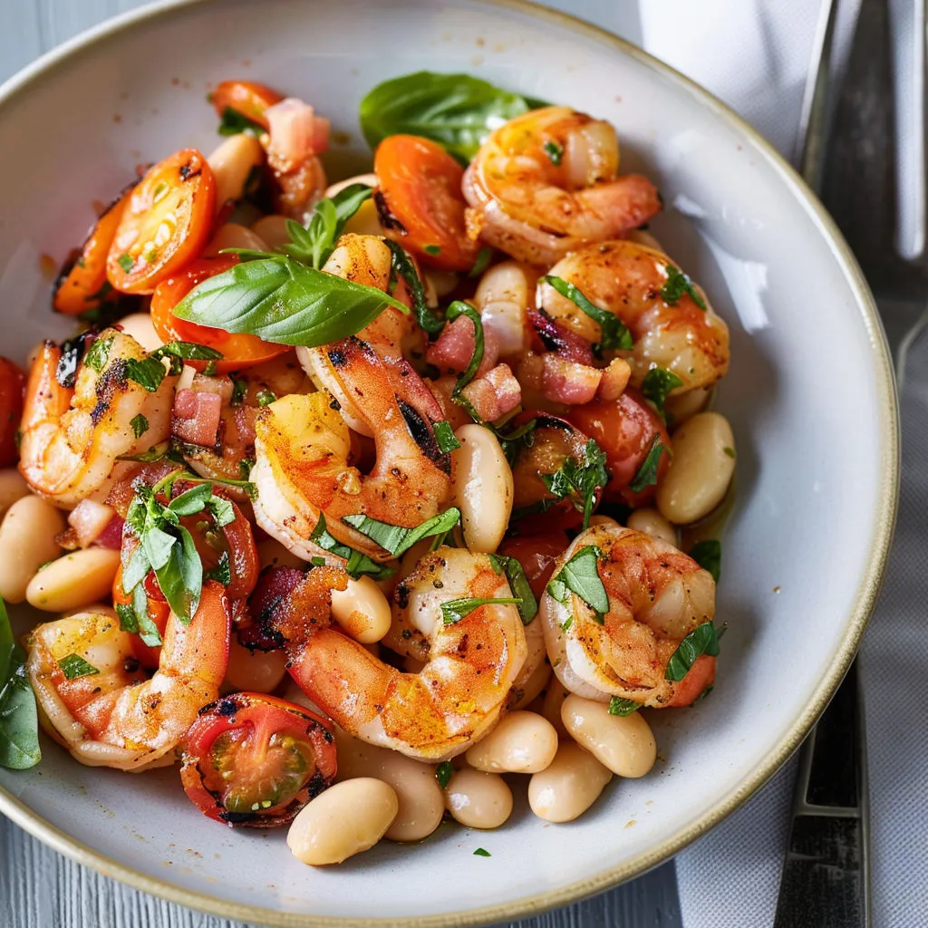 Un bol rempli de salade aux crevettes, haricots blancs, basilic frais et tomates cerises.