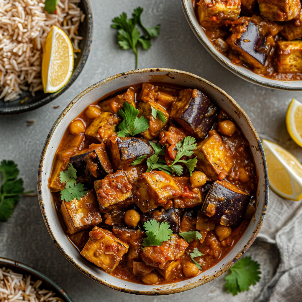 Un bol de légumes en sauce posé sur une table avec du riz.