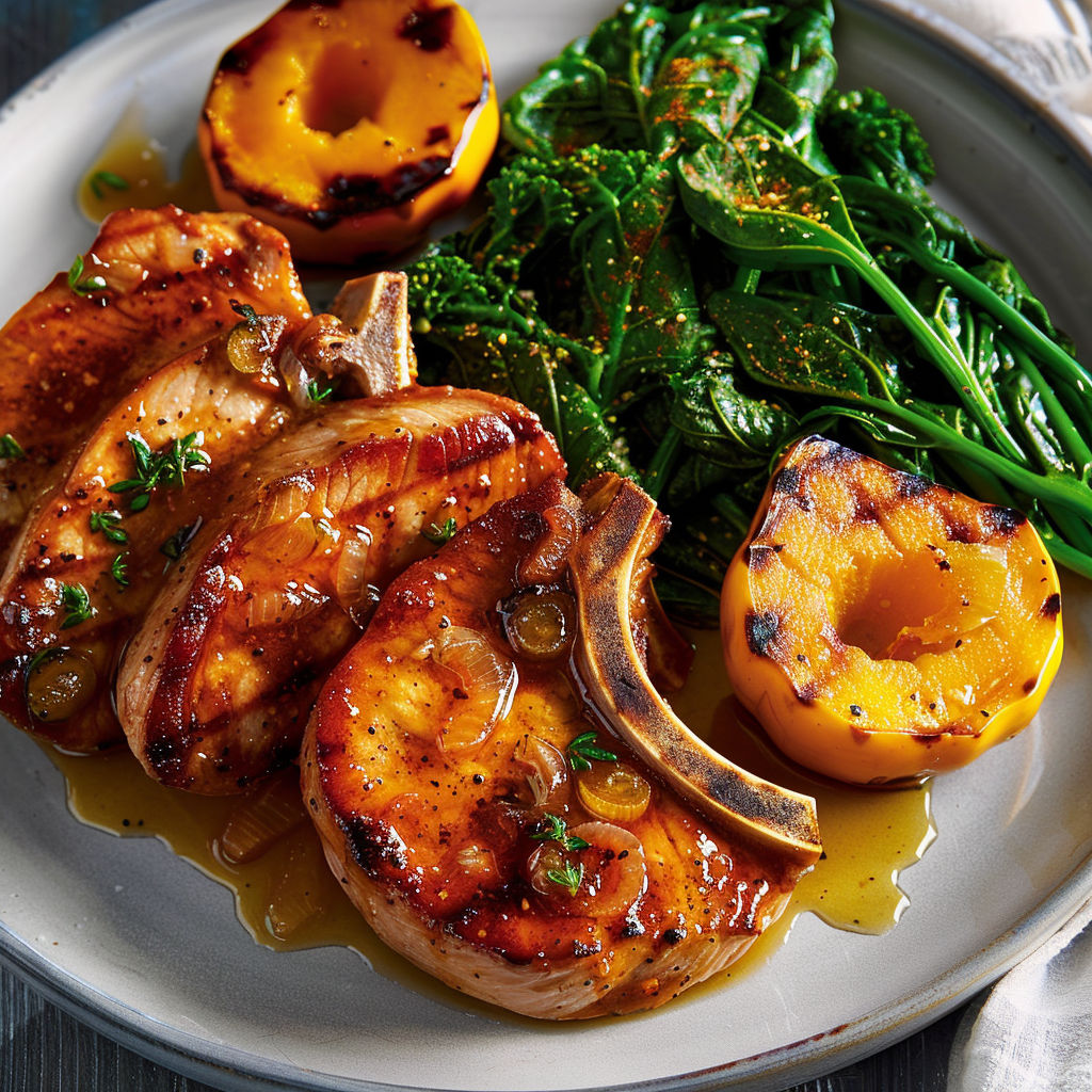 Viande de porc accompagnée de légumes colorés.