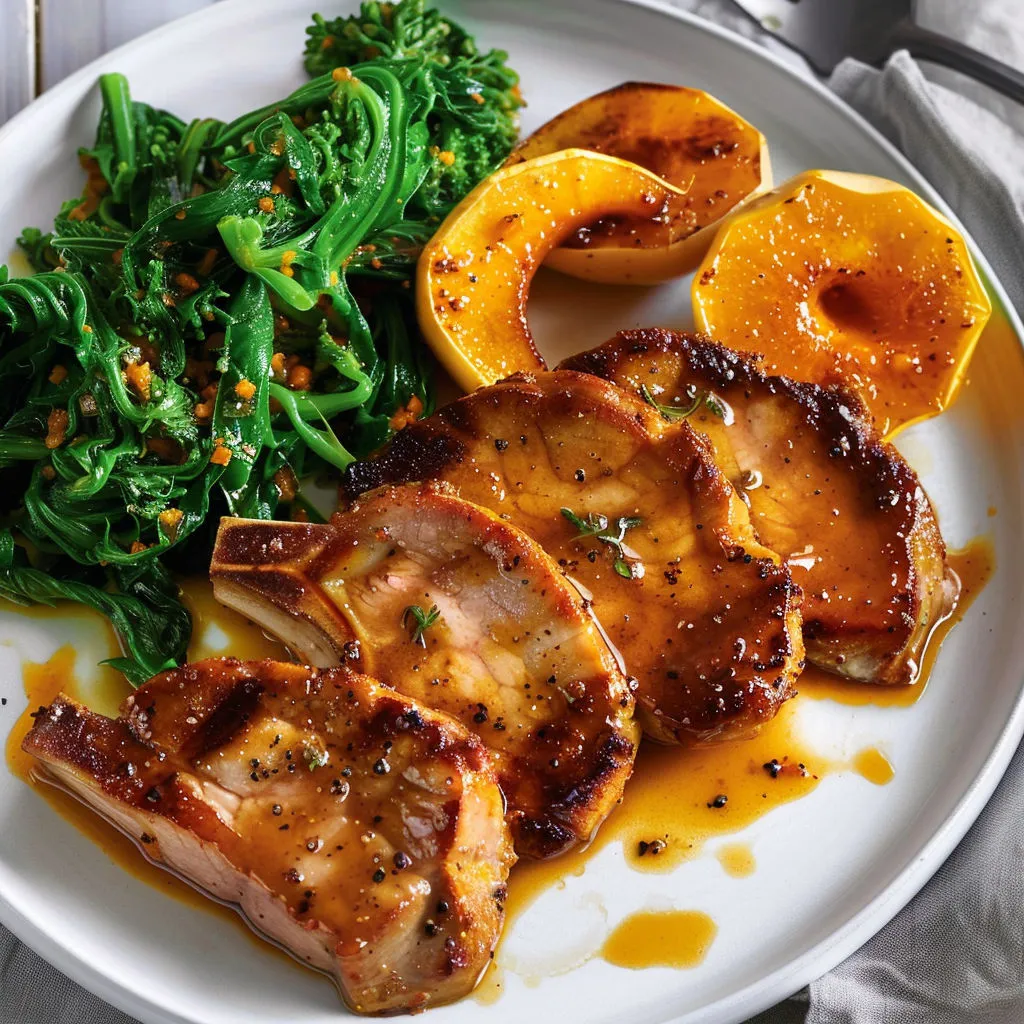 Côtelettes de porc joliment dorées avec courges rôties et rapinis sur une assiette.