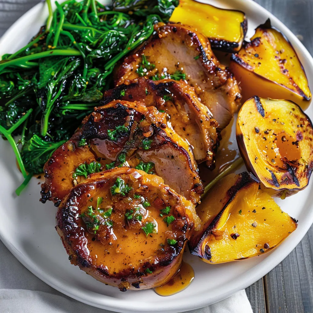 Porc tendre nappé de sauce érable-cari avec courge poivrée et rapinis sautés.