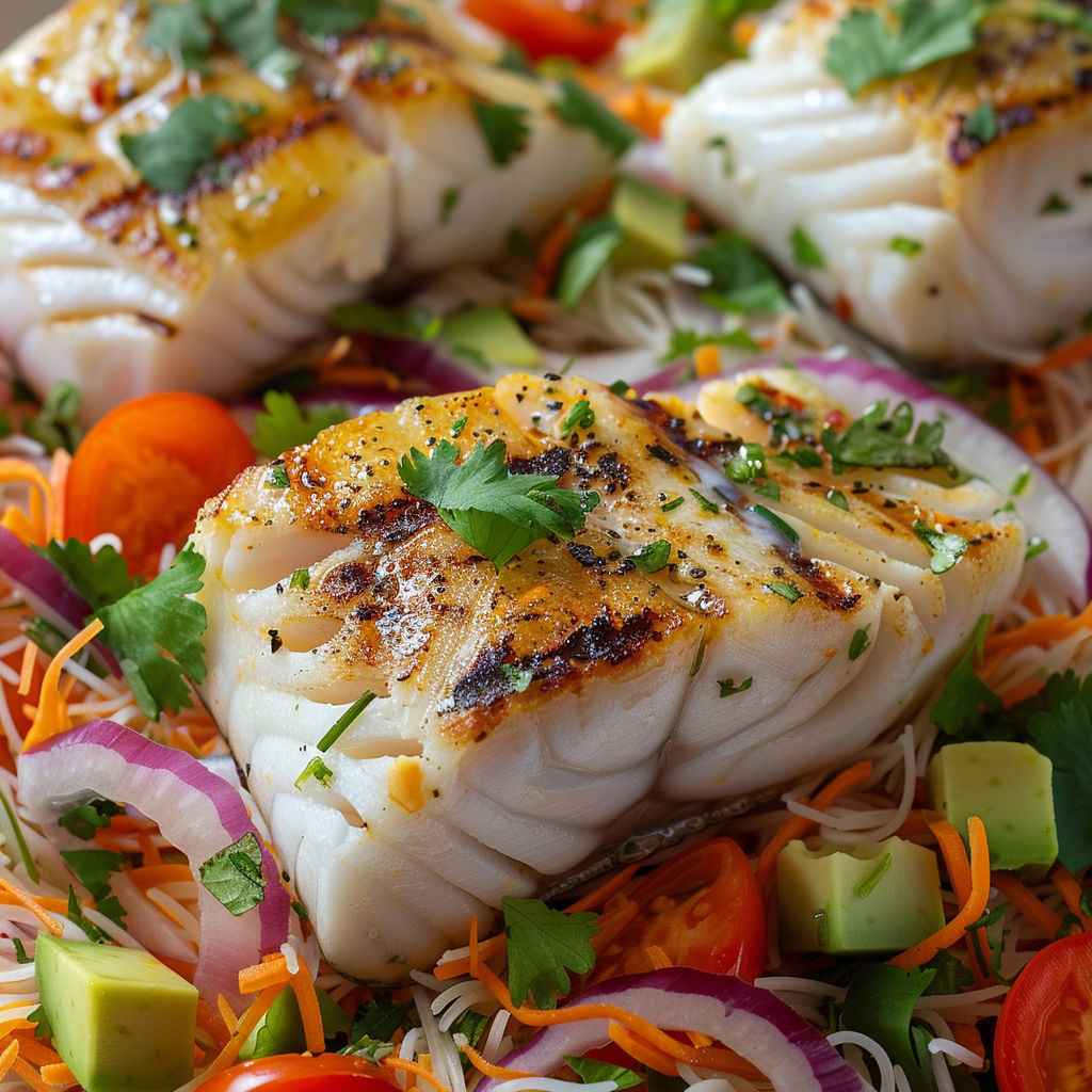 Poisson doré servi avec des légumes variés comme carottes, tomates, oignons et vermicelles légers.