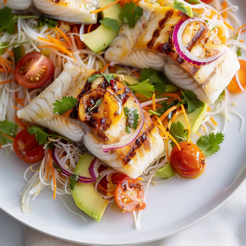 Filet de poisson grillé sur vermicelles bien croquants et légumes frais, petites sauces asiatiques à côté.