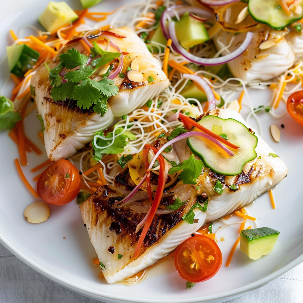 Poisson bien doré posé sur des vermicelles de riz trop bons et des légumes croquants, le tout avec une petite sauce piquante.