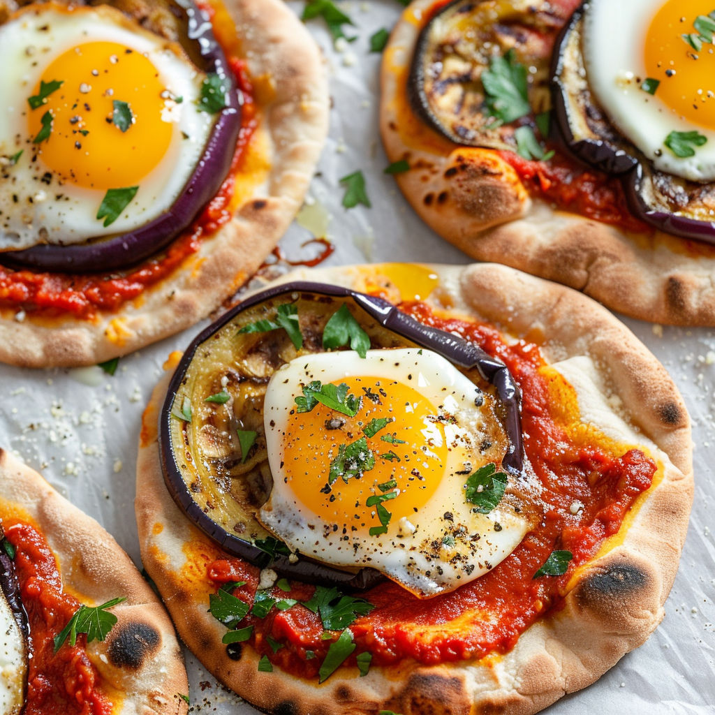 Pizza pita gourmande garnie d’aubergine grillée et d’un œuf coulant, servie sur un plat.