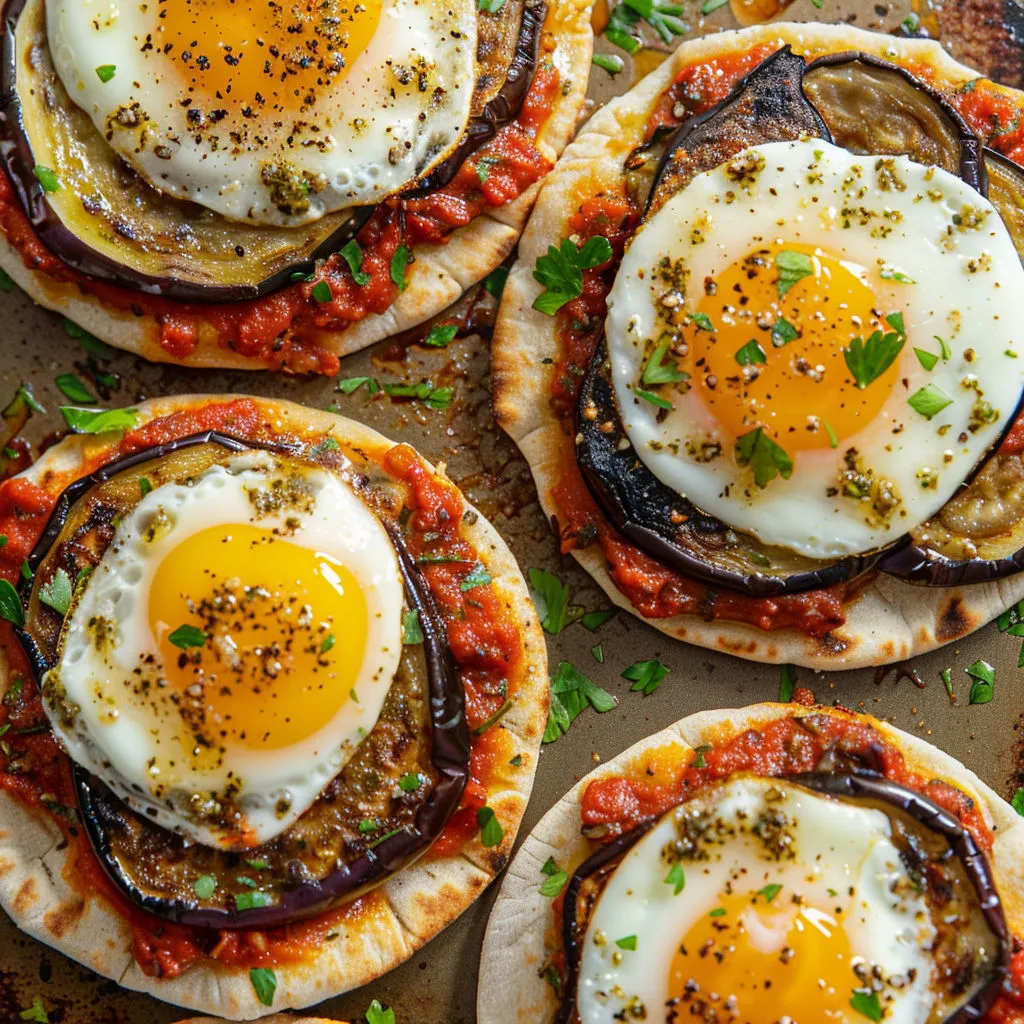 Mini pizzas pita garnies de légumes grillés et d’œufs cuits au four, posées sur une table conviviale.