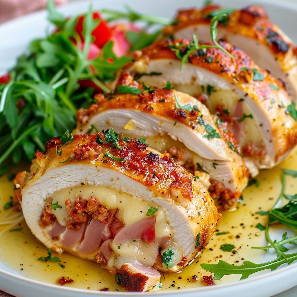 Poulet moelleux farci au fromage Oka, avec légumes verts et herbes fraîches, présenté sur un plateau.