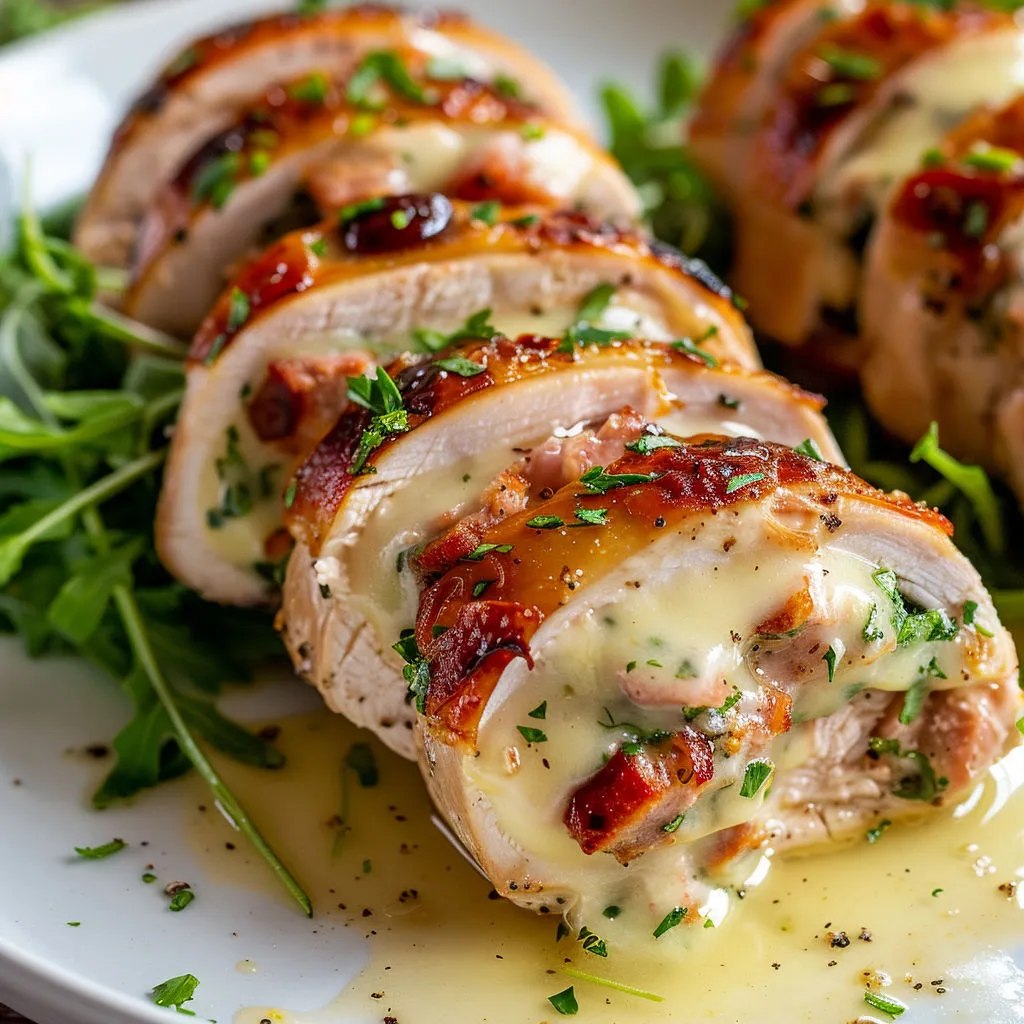 Blancs de poulet roulés, cœur fondant raclette et chorizo, sur assiette blanche.