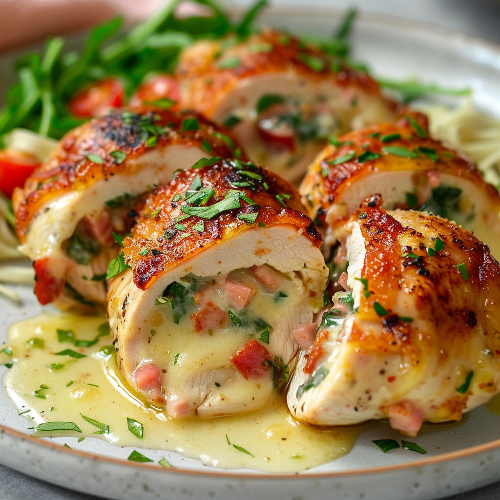 Poulet gourmand façon cordon bleu, raclette et verdure sautée sur l’assiette.