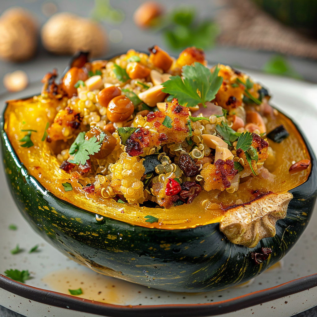 Une courge garnie de quinoa, cheddar et herbes sur un plateau, avec des arachides en décoration.